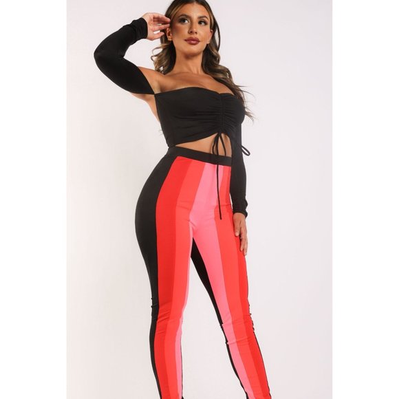 Women's Casual Color Blocked Leggings And Matching Off Shoulder Top Outfit Set - Picture 2 of 12